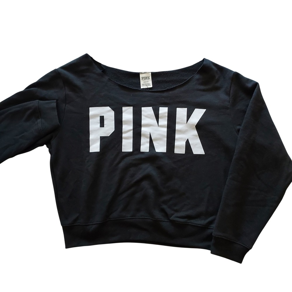 PINK Victoria's Secret Black Logo Raw Neck Pullover Sweatshirt Cropped Lg Y2K